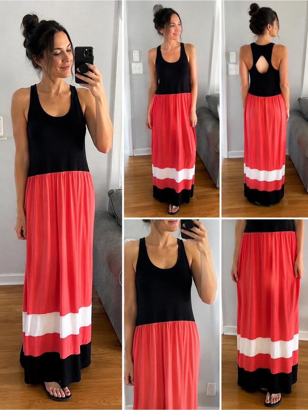 Women’s Colorblock Maxi Dress - Black and Coral with White Trim